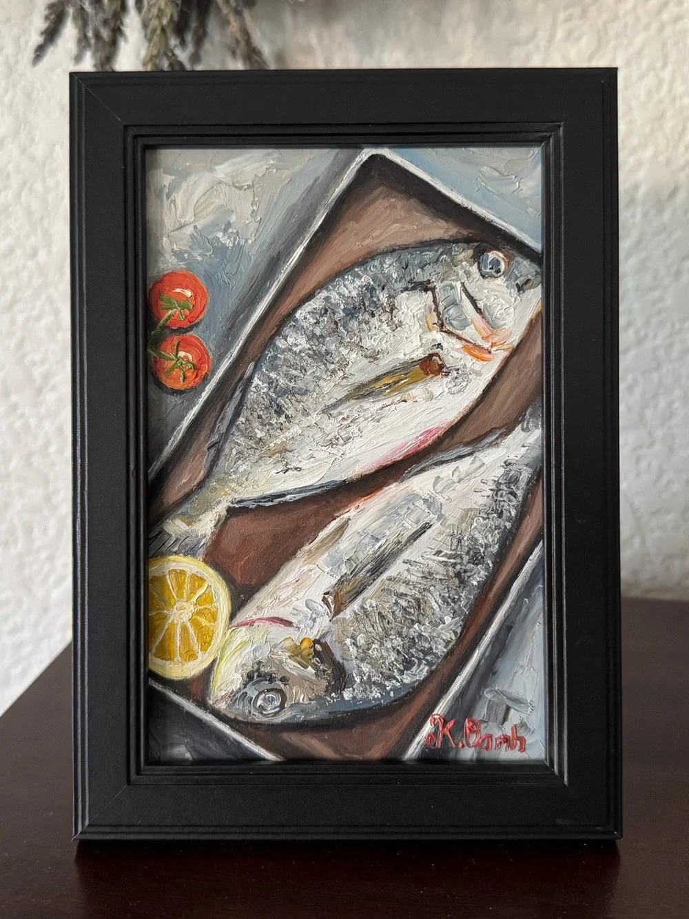 Original oil painting Hand-Painted fishes signed framed 4x6 inches